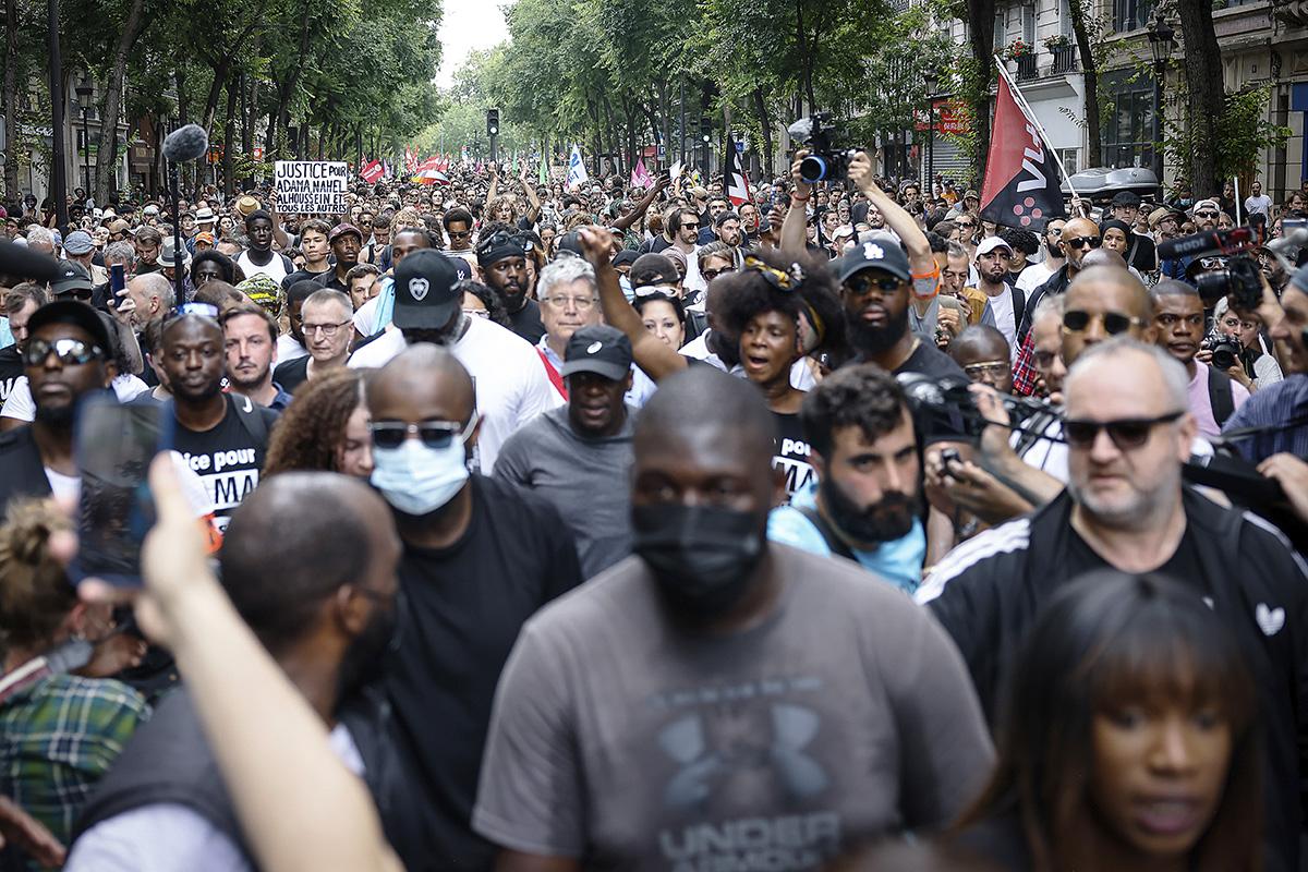 Paris, France, thousands march against police violence and the murder of Nahel Merzouk.