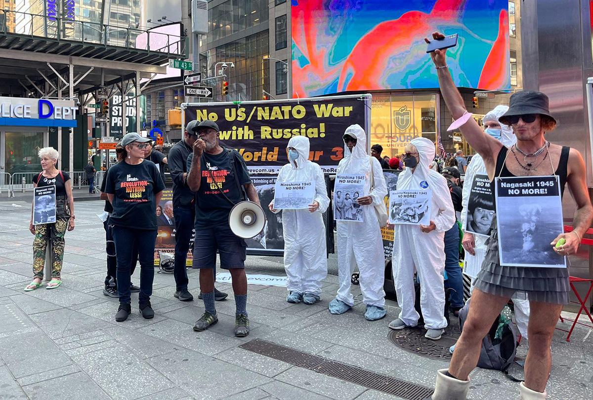 RevComs demonstrate Hiroshima Day in Times Square, August 6, 2023.