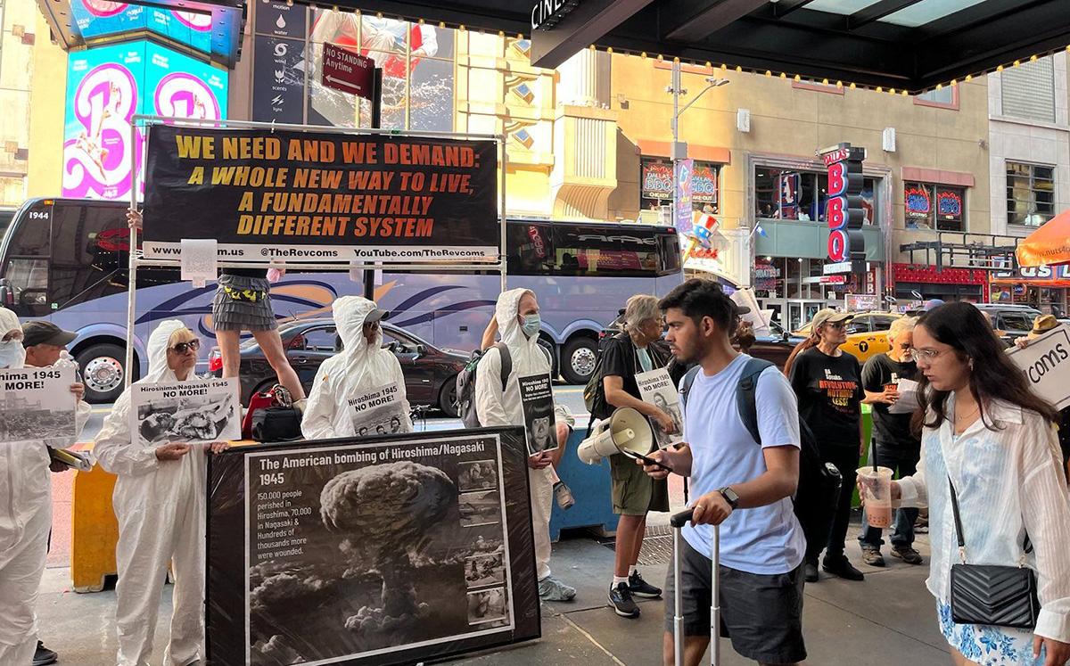 RevComs demonstrate Hiroshima Day in Times Square, August 6, 2023.