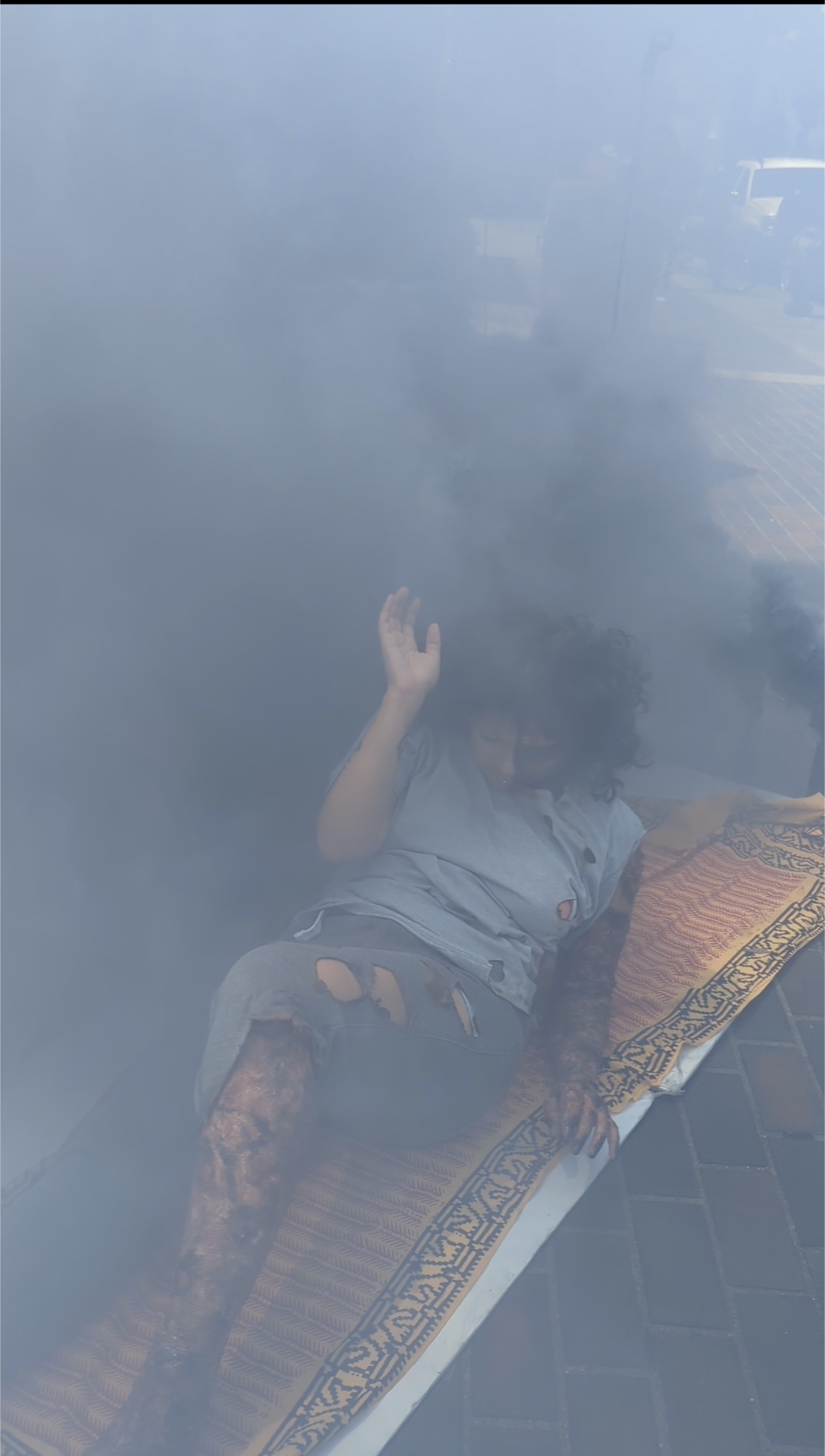 Reenactment of Hiroshima bombing with smoke.