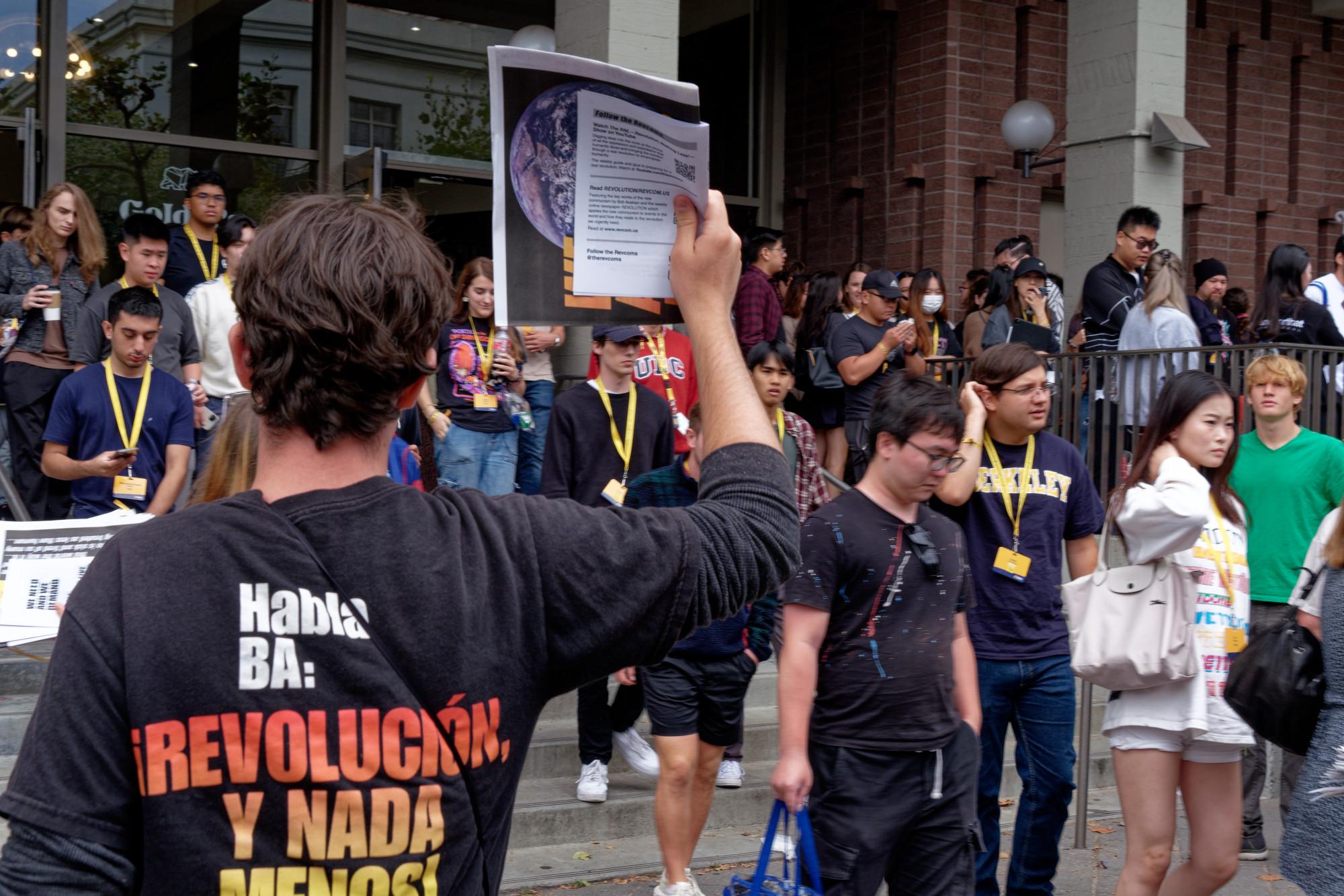 Getting out We Are the Revcoms and We Need and We Demand on the steps of the UC Berkeley Student Union