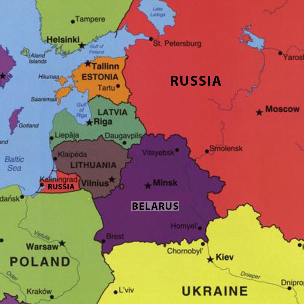 Poland and Belarus share a border with each other, and each border both Russia and Ukraine.