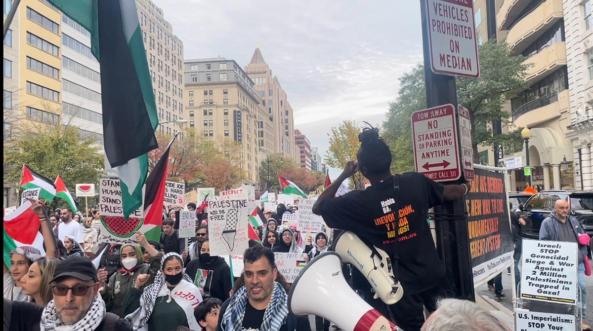 Washington, DC, November 4, 2023: RevCom leads chants of thousands protesting assault on Palestinians.