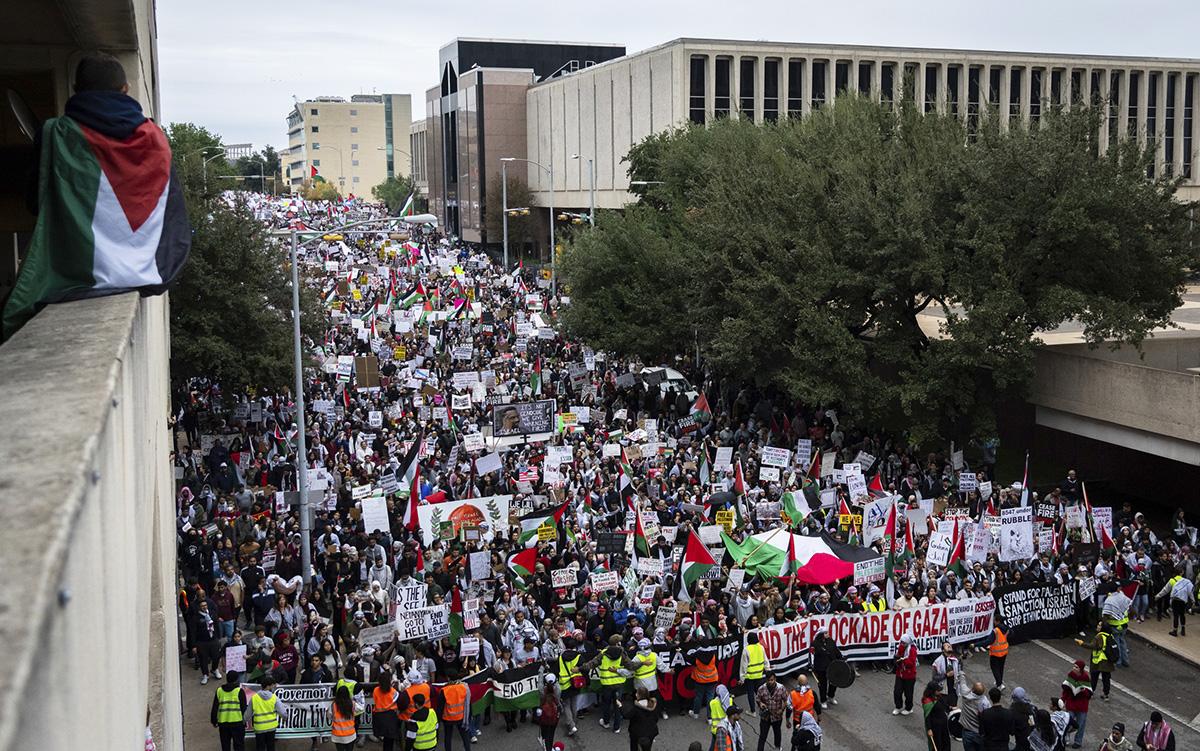 Thousands at the  "All Out For Palestine" rally march down San Jacinto Boulevard  Austin, Texas, November 12, 2023.