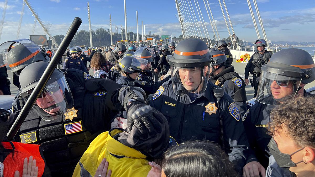 Protesters opposing war on Gaza block San Francisco-Oakland Bay Bridge during APEC (Asia-Pacific Economic Cooperation) Conference,  November 16, 2023.