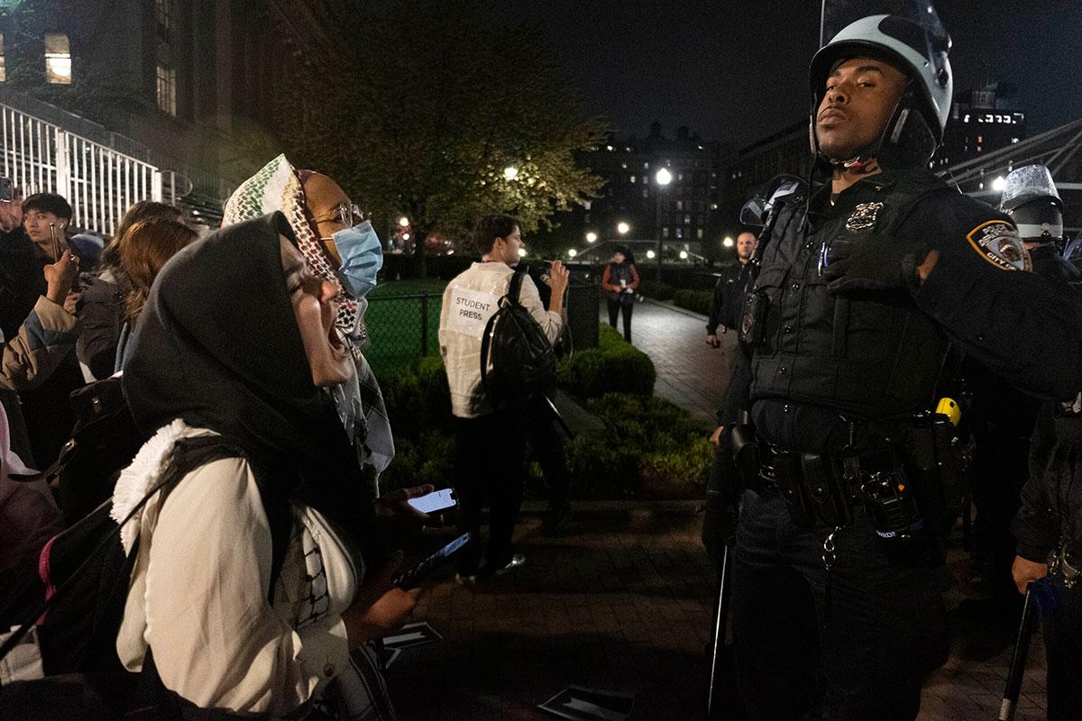 Pro-Palestinian Columbia students confront NYPD, April 30, 2024.