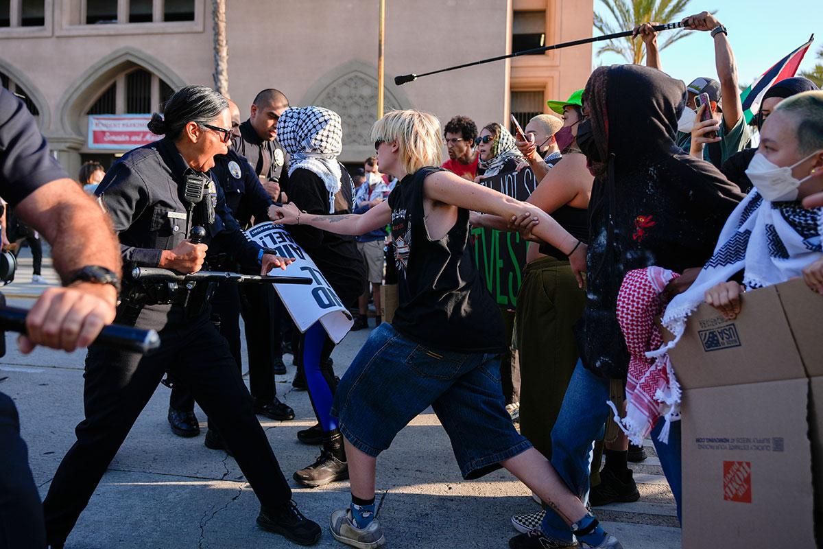 Pomona College, California, police attack pro-Palestinian demonstrators outside the commencement ceremony, May 12, 2024.