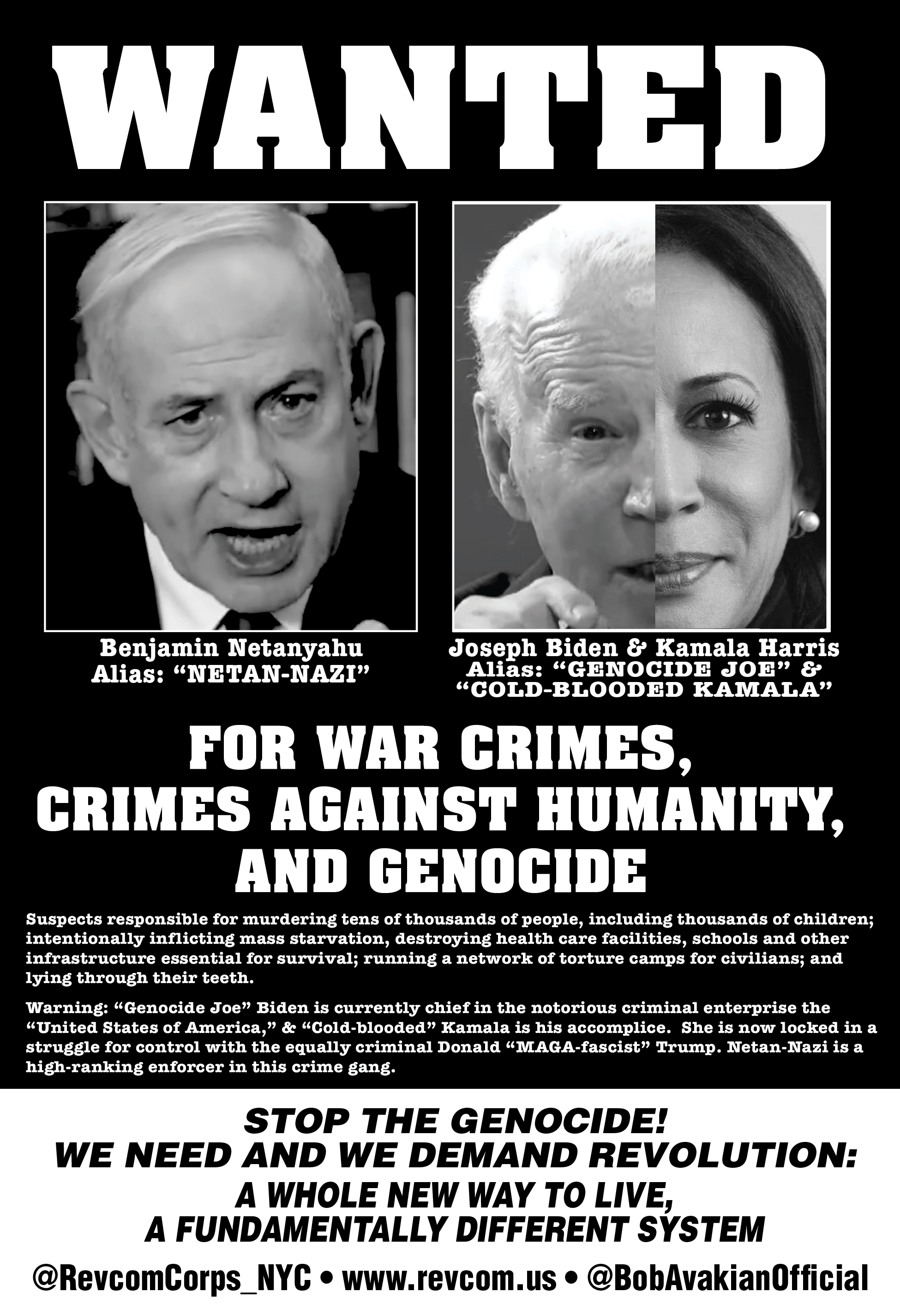 Wanted poster with Netanyahu, Biden, and Harris