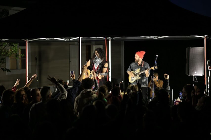 Ramy Essam and Samuli Kivelä singing at Rhymes of Resistance, Helsinki, Finland, August 31, 2024.