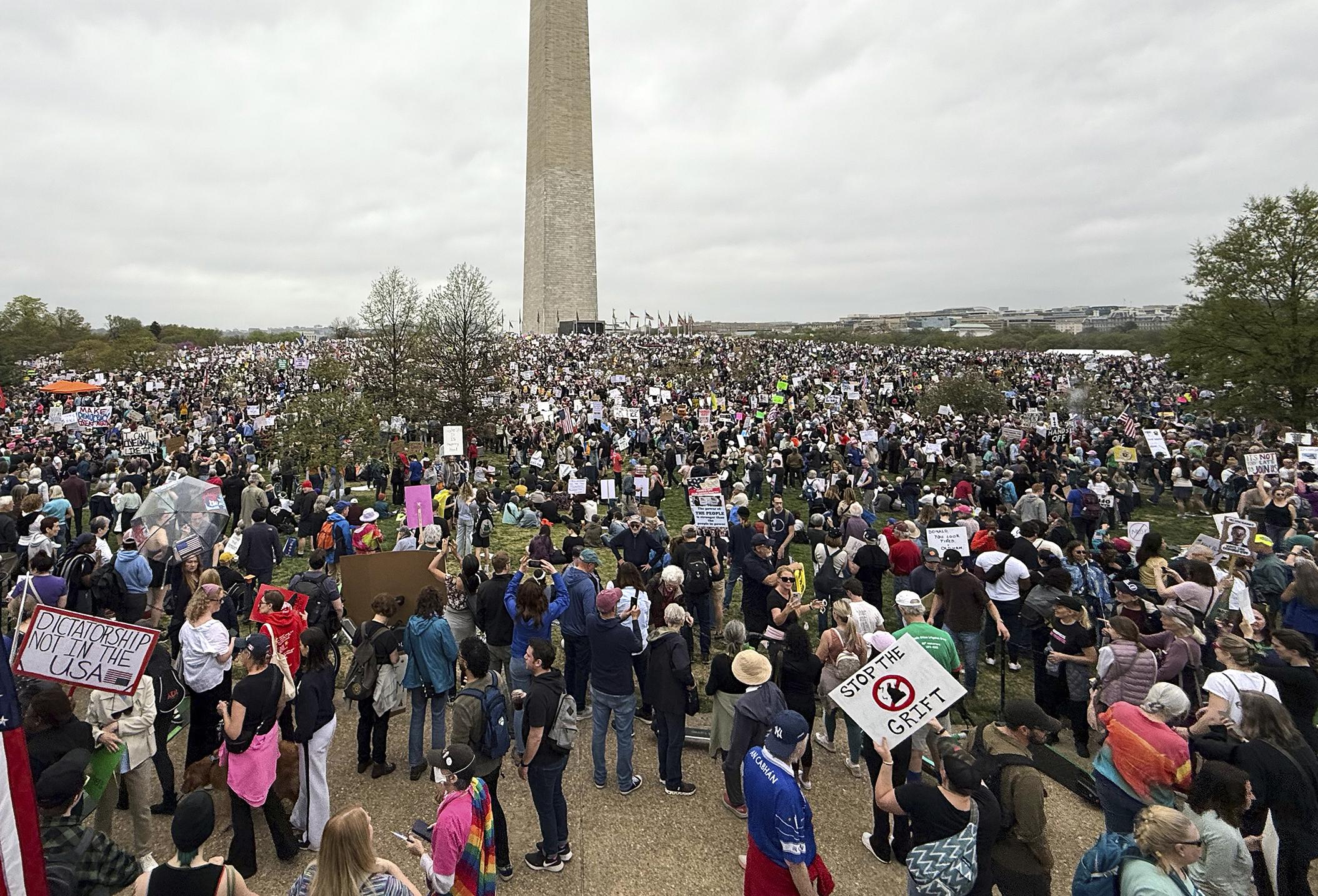 Crowd at the Hands Off protest near the Washington Monument, Saturday, April 5, 2025.