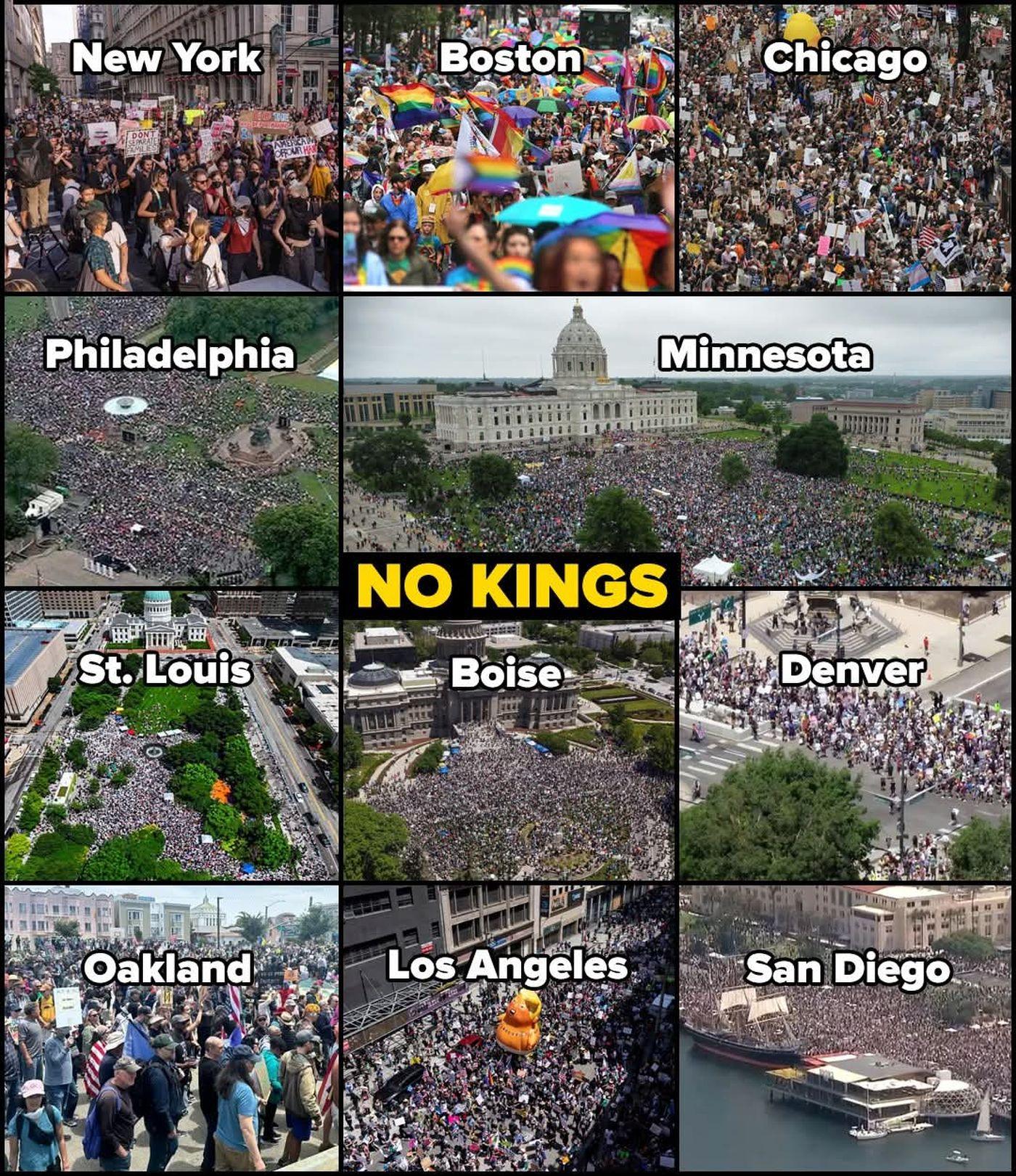 Bird's eye view of crowds in cities where No Kings protests were held.