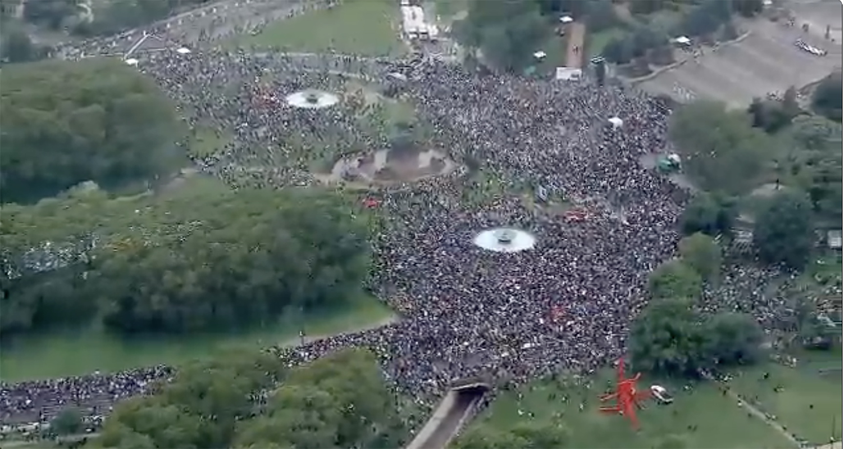 Drone image of tens of thousands in Philadelphia on No Kings Day, June 14, 2025.