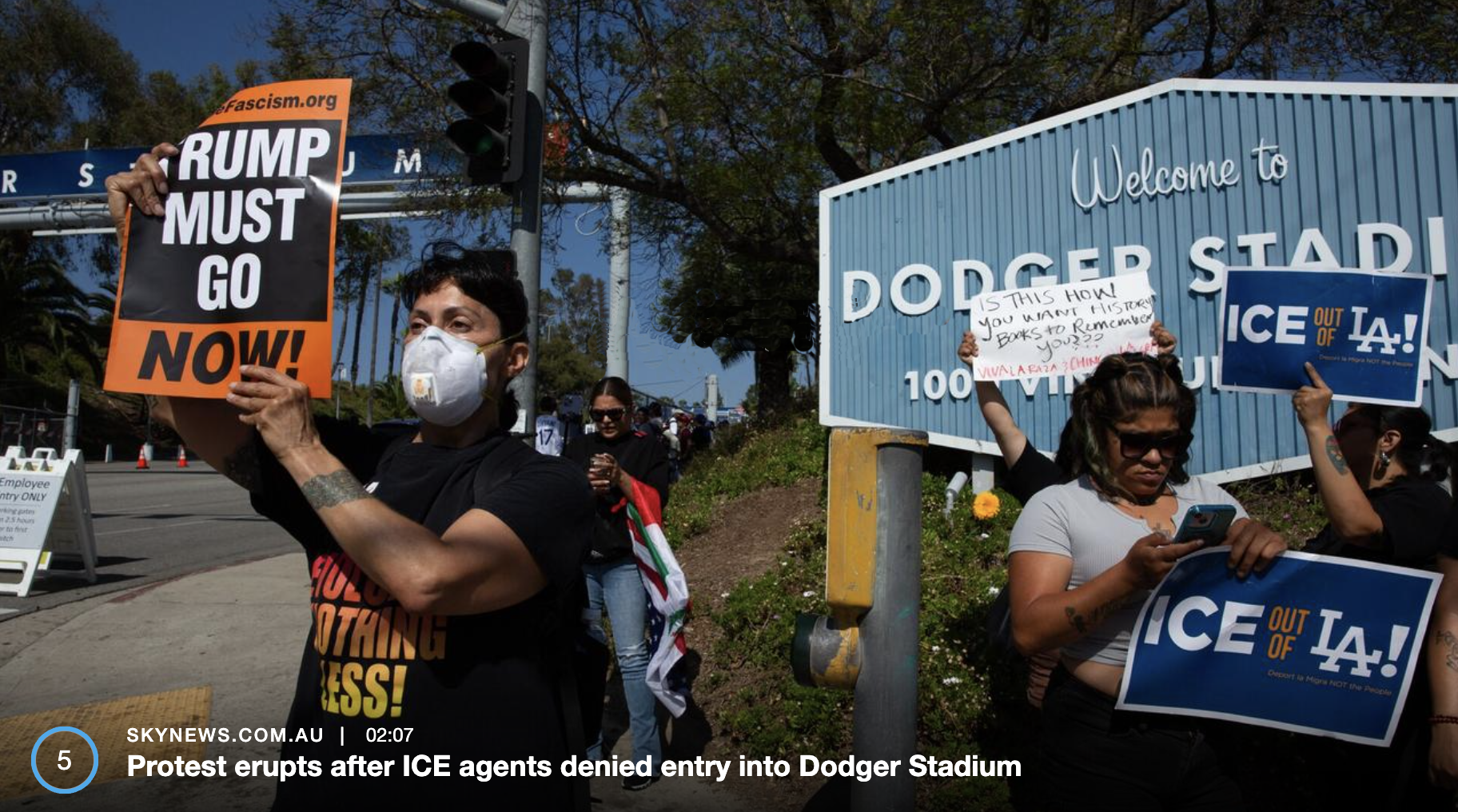 Protesting ICE raids outside Dodgers Stadium, June 19, 2025.