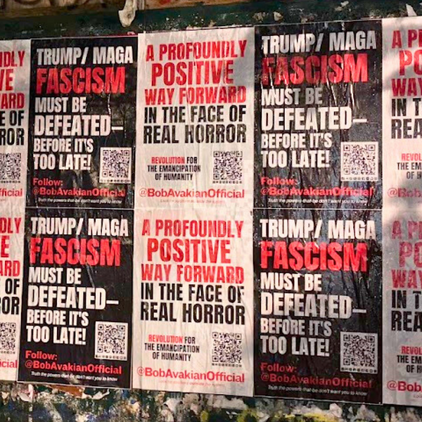 Bob Avakian Official posters up on a wall