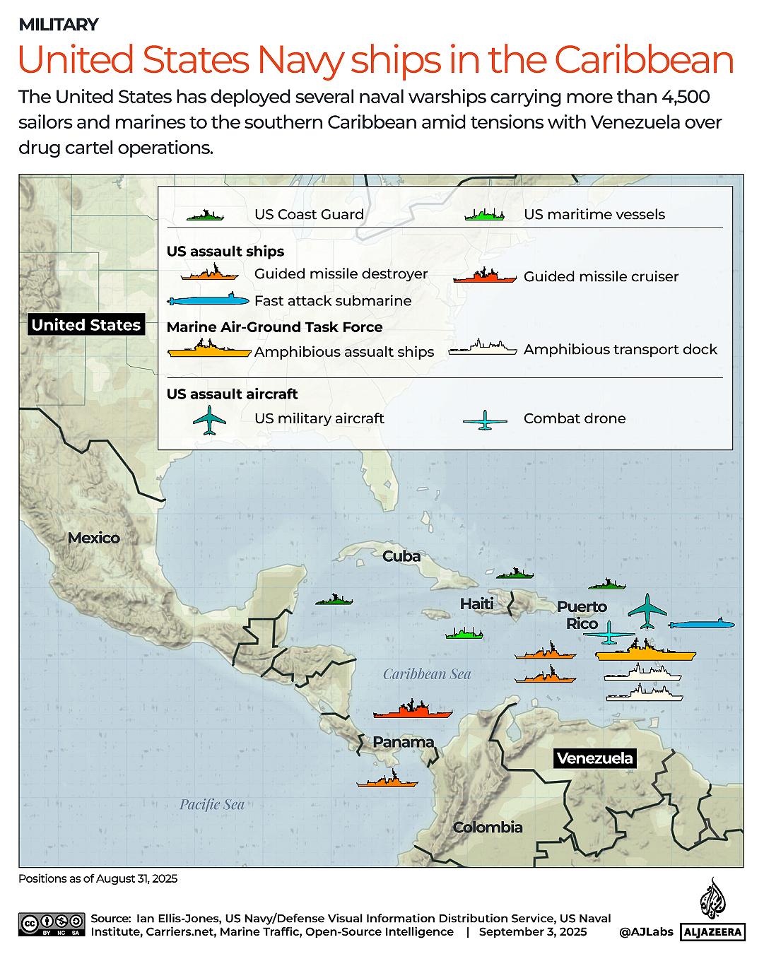 MAP showing U.S. military ships in the Caribbean Sea.