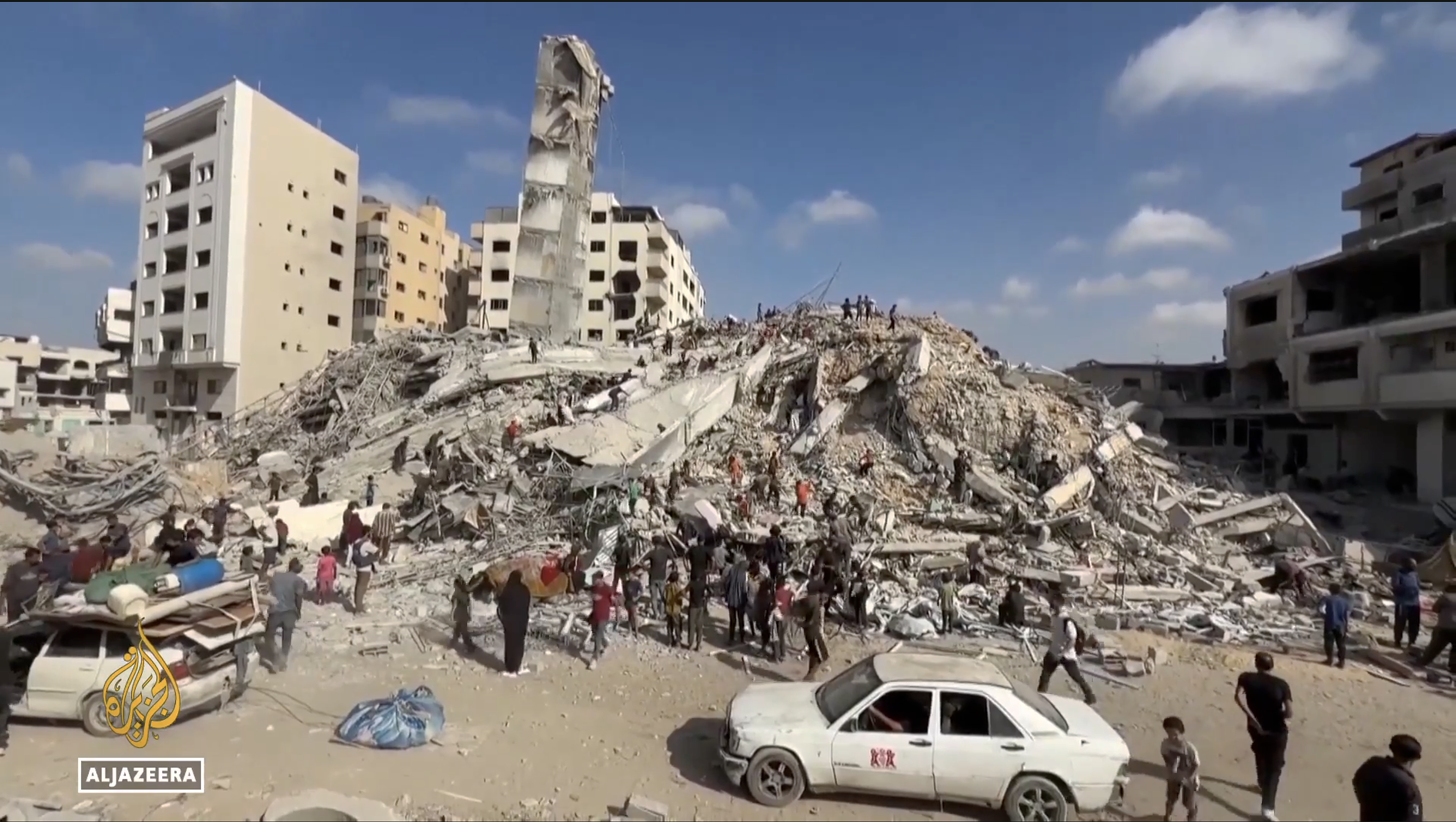 In the Gaza Strip, an Iconic high-rise demolished by Israeli airstrike is a mountain of rubble, September 5, 2025.
