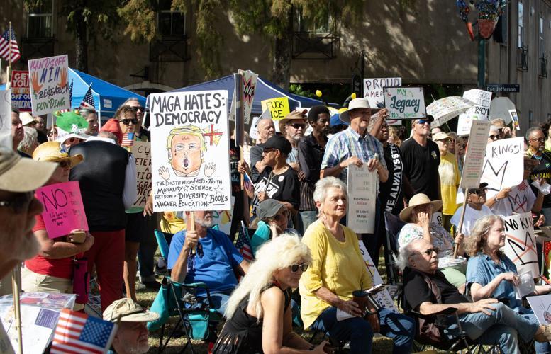 Crowd attends No Kings Day rally in Lafayette, Louisiana, October 18, 2025.