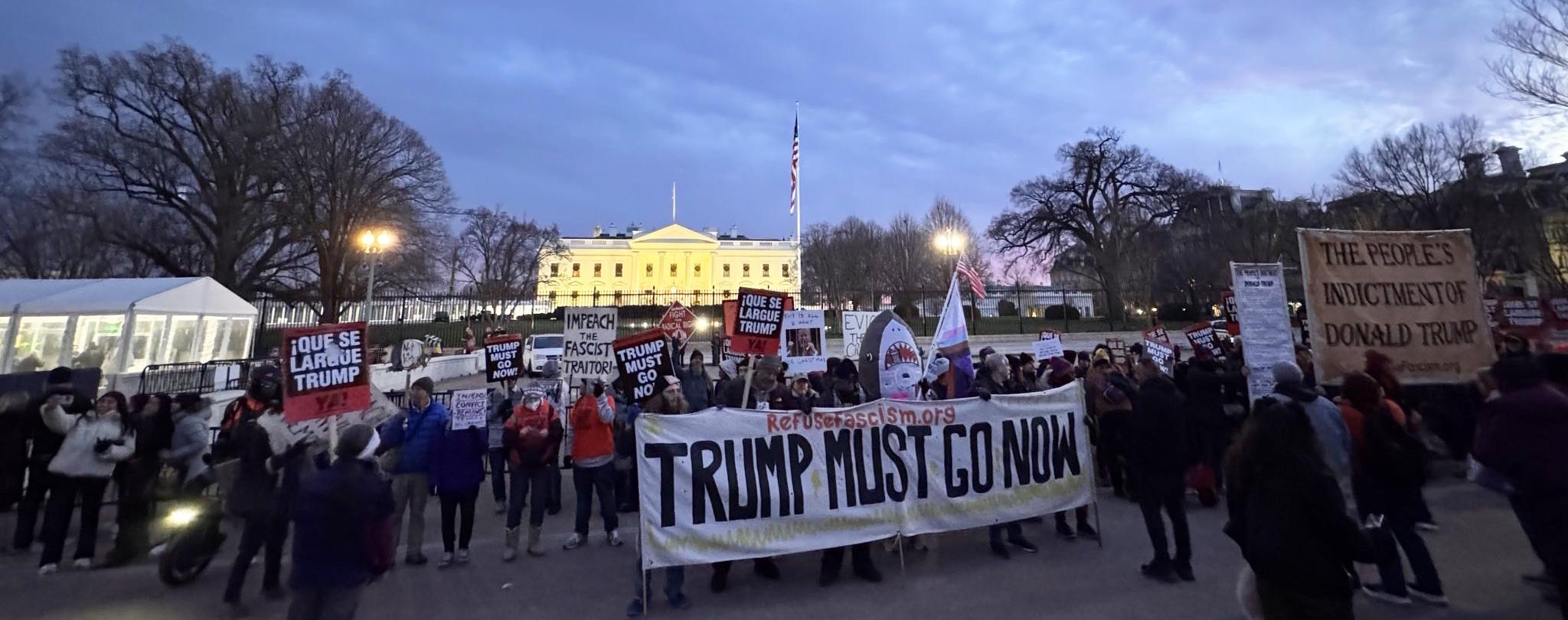 Refuse Fascism at the White House with banner Trump Must Go Now, December 13, 2025. 