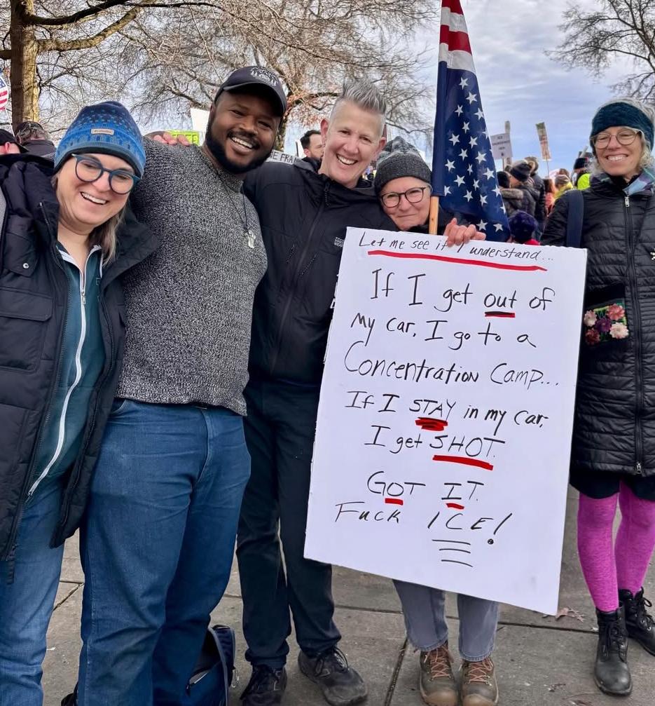 Group holding a sign at Portland, Oregon, ICE Out protest.