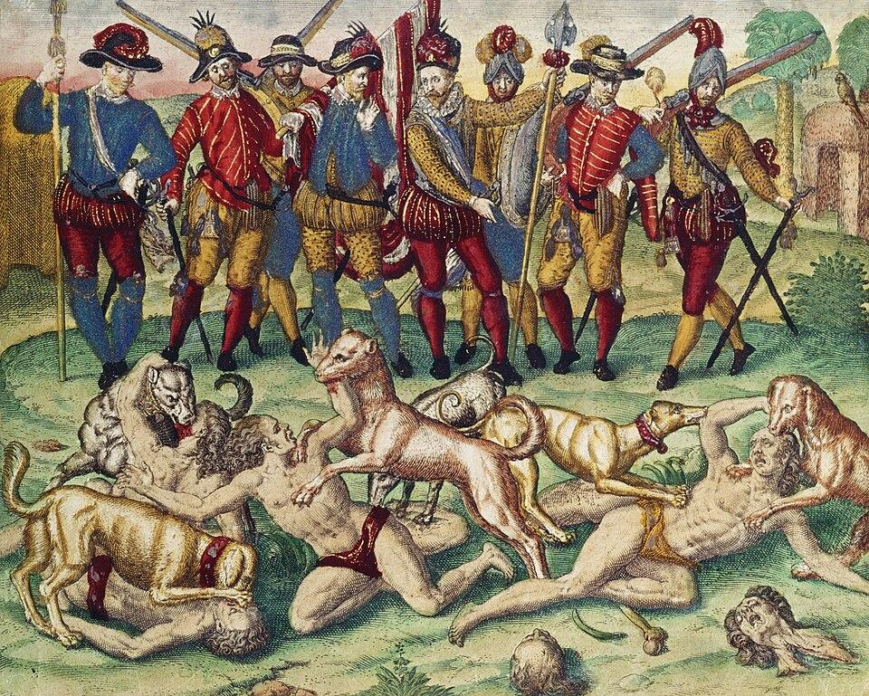 Christopher Columbus used dogs as weapons here they attack Indians 1500s .