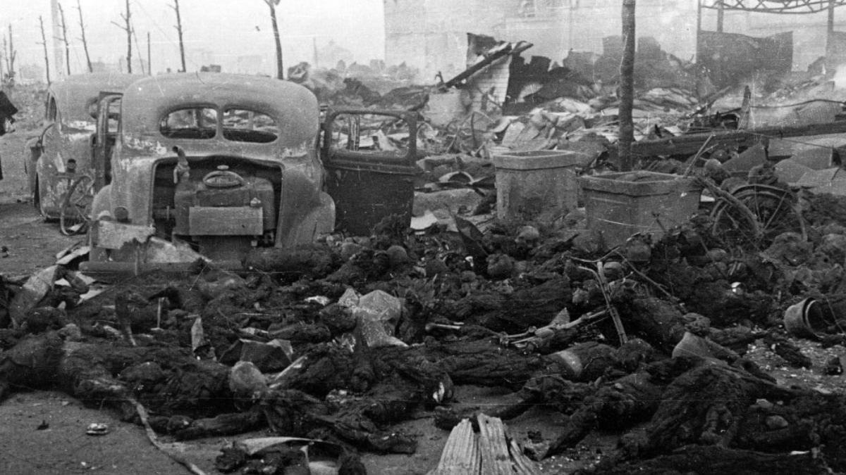 Bodies of people trapped and burned as they fled through a street during the attack on the night of March 9–10.