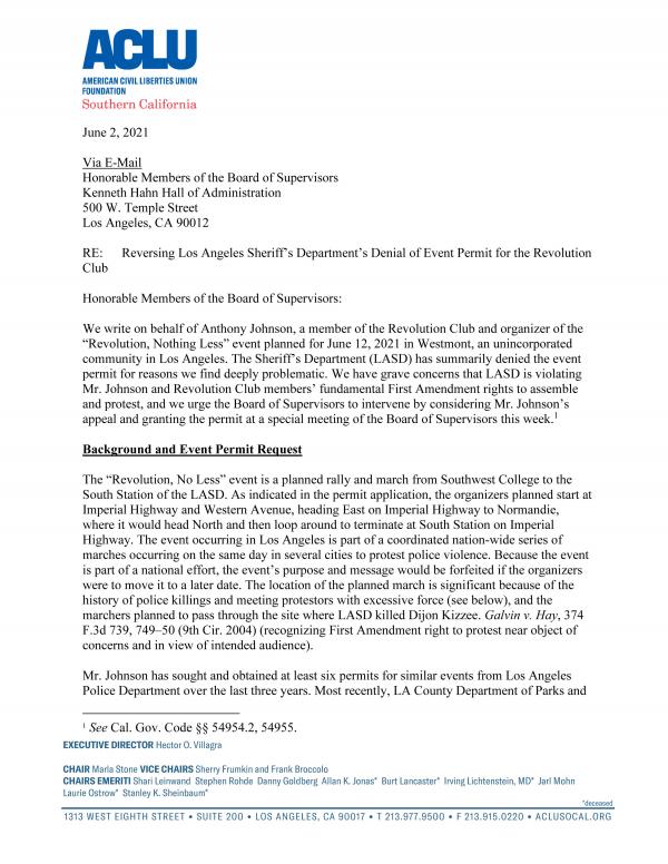 Letter from the ACLU demanding permit to march