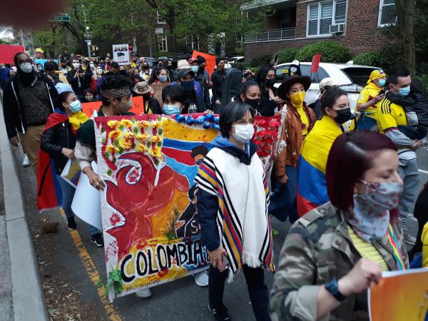 People in Queens, New York, march in support of Colombia protest.