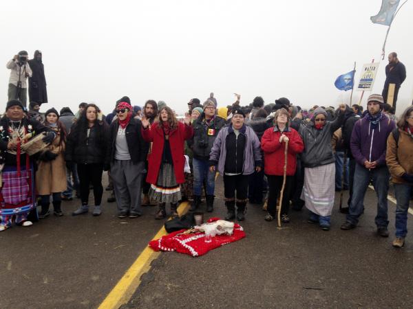 Protesters block highway at Standing Rock.
