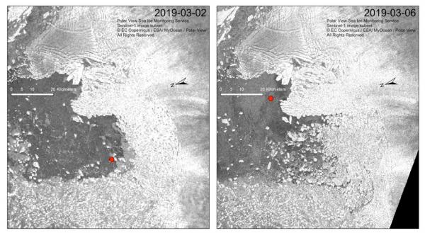Two satellite photos of Thwaites Glacier compare before ice shelf broke off and after