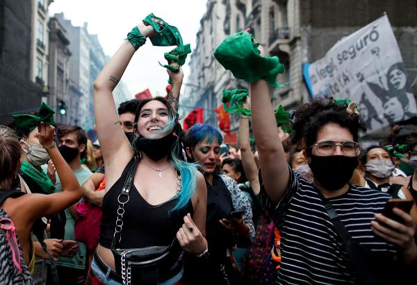 Celebratory march in Argentina for abortion rights.