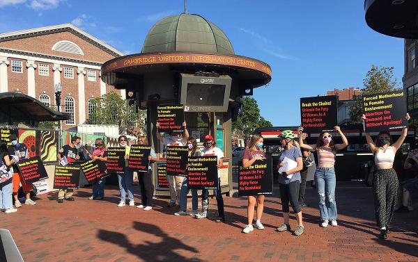 Protesters for abortion rights with signs in Harvard Square, Boston. 