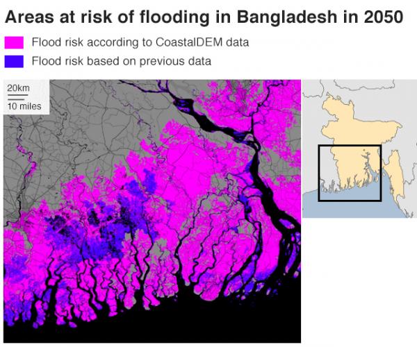 This map of Bangladesh shows two projections of sea level rise in Bangladesh in 2050 