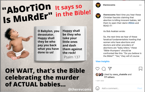A tweet from revcoms about hypocrisy of the bible calling for murder of babies.