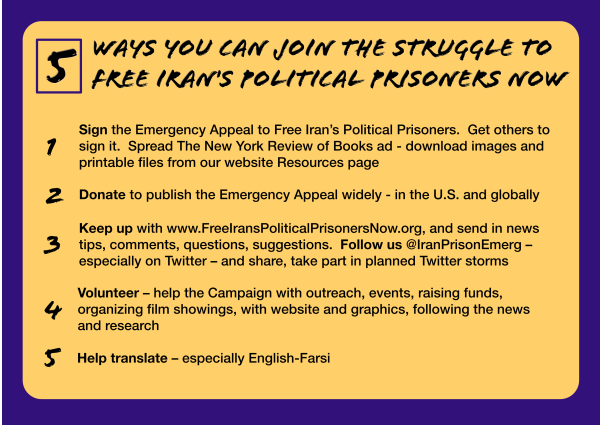 Regarding Iran political prisoners, list of five thins to do presented at Revolution Books Program.