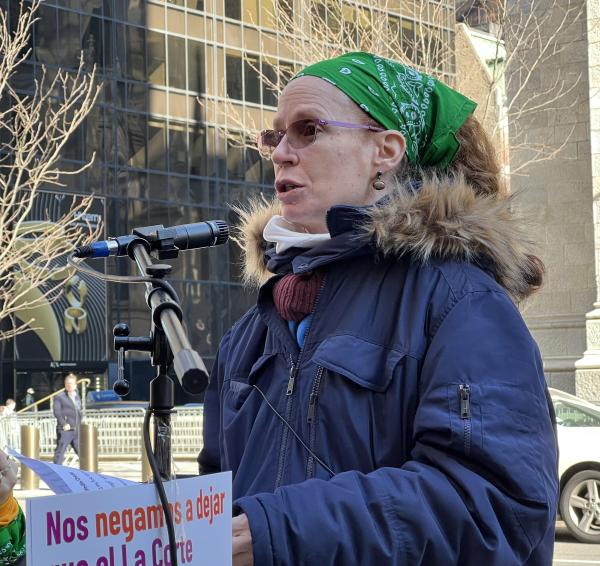 Cinda Lawrence, actor, speaking at St. Patrick's Cathedral for abortion rights