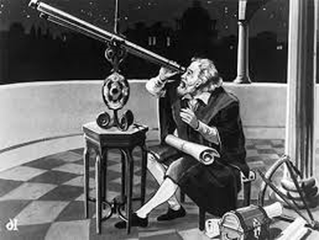 Drawing of Galileo observing through telescope.