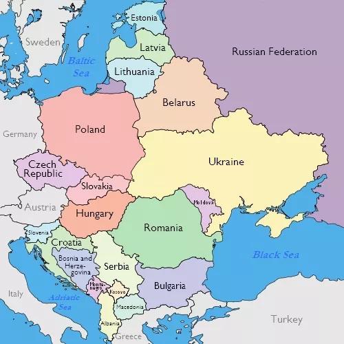 Map of Poland, Romania, Ukraine, Russia