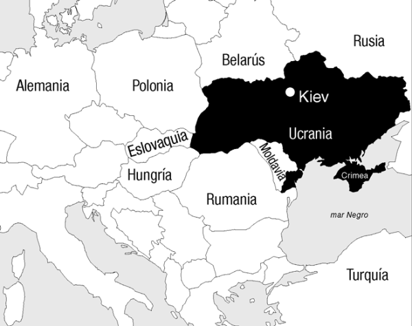 Map of Ukraine with surrounding countries, Russia, Poland, Romania.