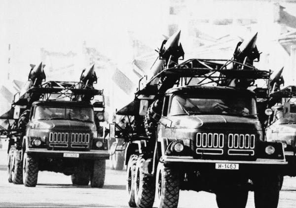 1989, Soviet-made missile launchers parade in Kabul, Afghanistan.