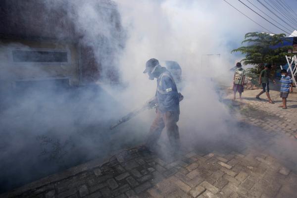 Worker fumigates to control dengue fever in Sumatra, Indonesia
