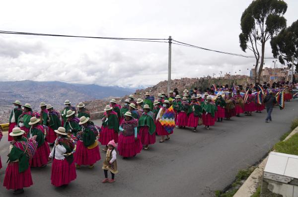 Aymara women march during a demonstration against gender-based violence marking International Women's Day in La Paz, Bolivia, Tuesday, March 8, 2022.