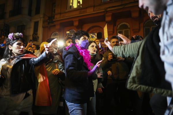 Protesters argue with police in Istanbul, on International Women's Day, March 8, 2022.