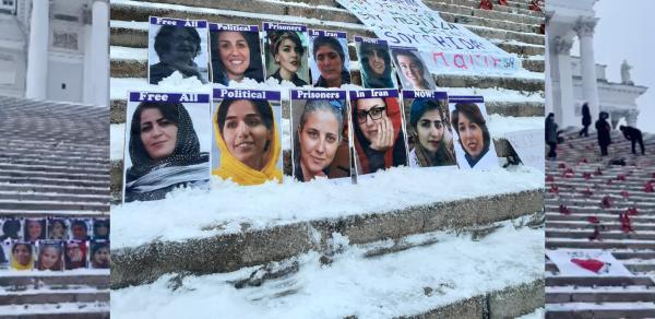 Helsinki International Women's Day collage: Free All Political Prisoners In Iran Now