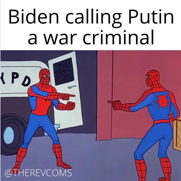 Two spiderman characters with guns pointed at each other, who is the war criminal?