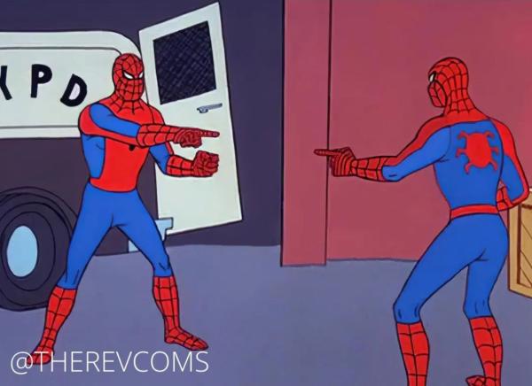 Two spiderman characters pointing at each other, who is the war criminal?