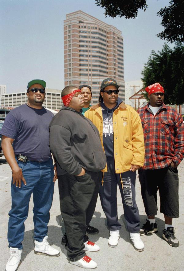 Gang members of Bloods and Crips stand on corner together after acquittal of cops who beat Rodney King.