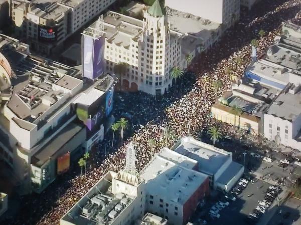 Aerial shot of more than 20,000 gather in Hollywood to protest murder of George Floyd, June 2020.
