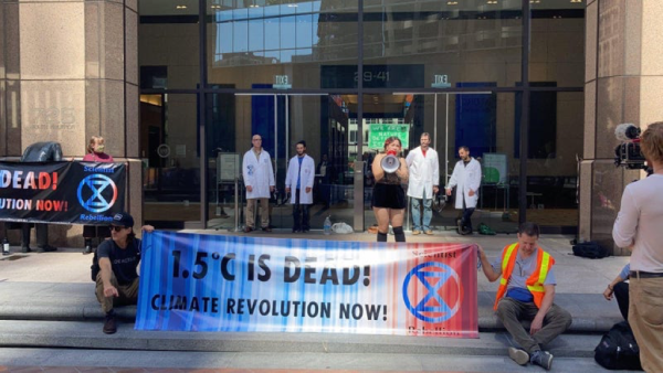 Scientist Rebellion activists in front of Chase Bank in Los Angeles.