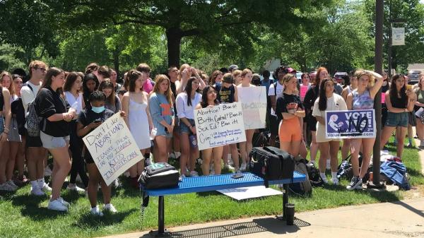 Kansas City students at Blue Valley North High School walk out for abortion rights.