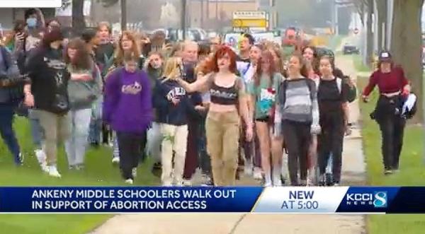 Students at Ankeny Middle School in Iowa walk out chanting "Abortion Saves Lives."